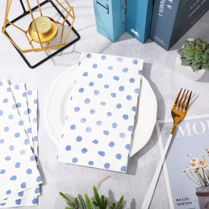 Whaline Polka Dots Guest Paper Napkins White Blue 3 Ply Disposable Napkins Dinner Hand Napkin Towel for Wedding Party Supplies Table Decor  80Pcs - Image 3