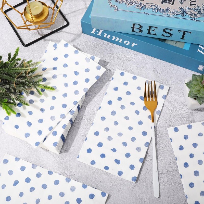 Whaline Polka Dots Guest Paper Napkins White Blue 3 Ply Disposable Napkins Dinner Hand Napkin Towel for Wedding Party Supplies Table Decor  80Pcs - Image 4