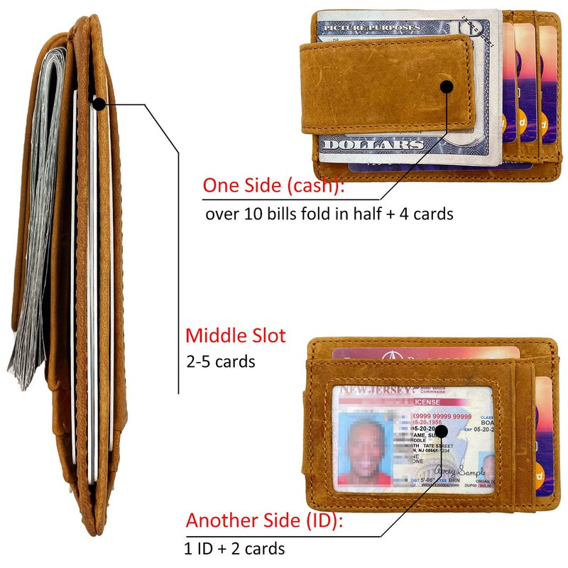 HOPSOOKEN Money Clip RFID Front Pocket Wallet Men Leather Slim Minimalist Wallet (B Crazy Horse Khaki) - Image 2