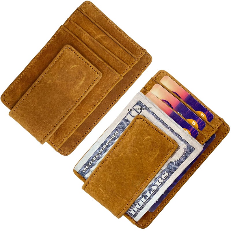 HOPSOOKEN Money Clip RFID Front Pocket Wallet Men Leather Slim Minimalist Wallet (B Crazy Horse Khaki) - Image 5
