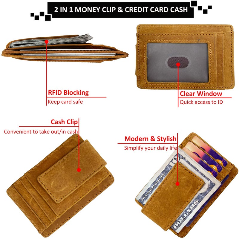 HOPSOOKEN Money Clip RFID Front Pocket Wallet Men Leather Slim Minimalist Wallet (B Crazy Horse Khaki) - Image 3