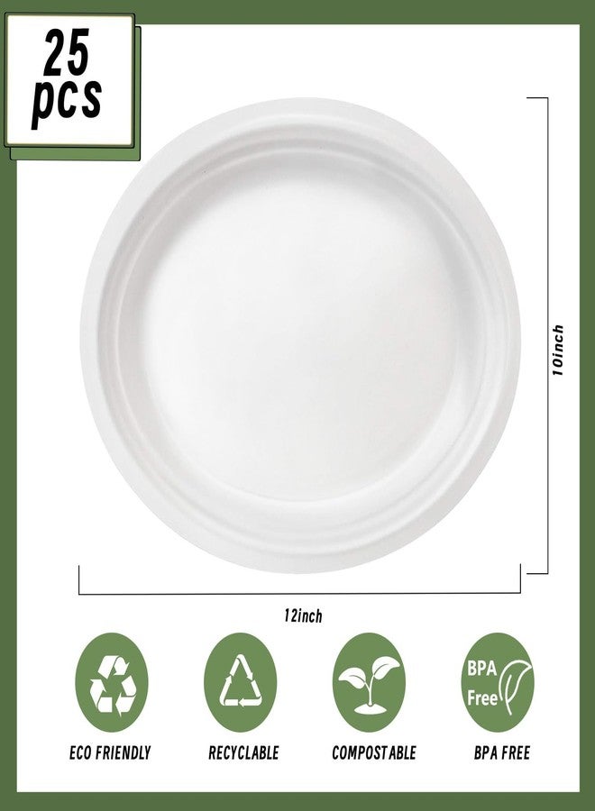 VEIZEDD 25 Compostable Paper Plates - 12 Inch White Heavy Duty Bagasse Eco-Friendly Oval Plates for Meal, BBQ, Party, Thanksgiving - Image 2