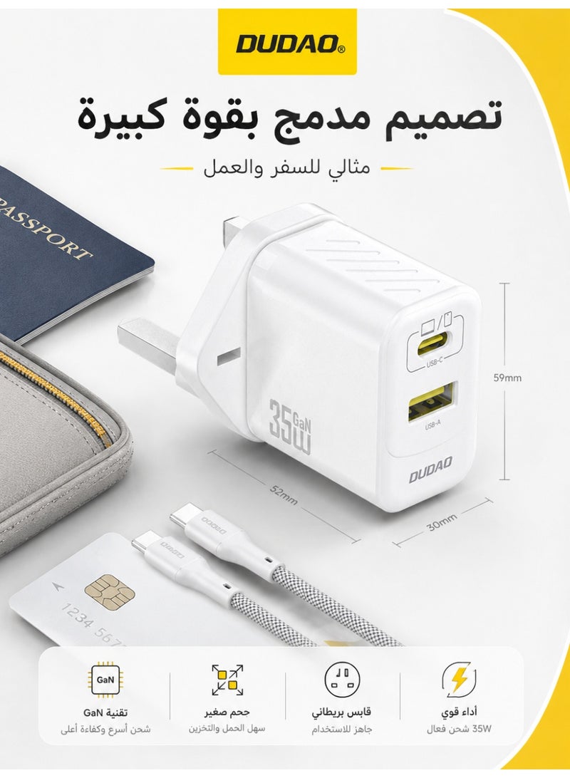 دوداو شاحن GaN سريع 35W USB-C مع كابل Type-C – محول طاقة مزدوج المنفذ PD & QC، شحن بدرجة حرارة منخفضة، نظام حماية من 9 طبقات، شاحن جداري مدمج لأجهزة iPhone و Samsung و iPad و MacBook و Switch والمزيد - Image 5