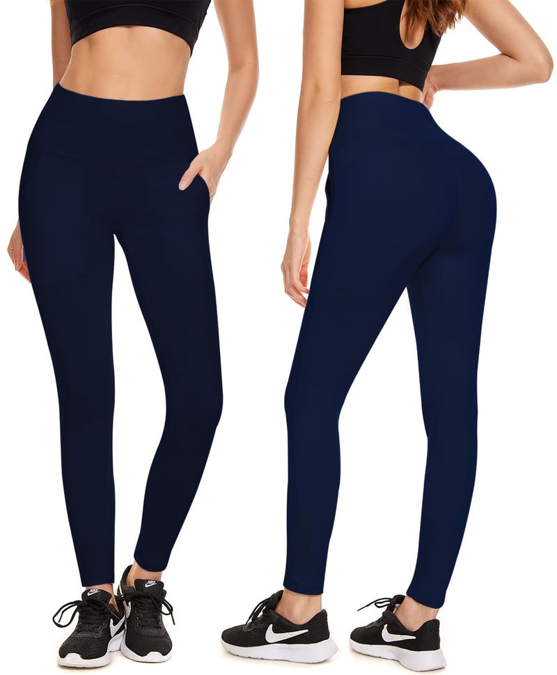 FULLSOFT Fleece Lined Leggings Women with Pockets Tummy Control High Waisted Workout Winter Warm Soft Yoga Pants(Navy Blue(with Pockets),Large-X-Large) - Image 2
