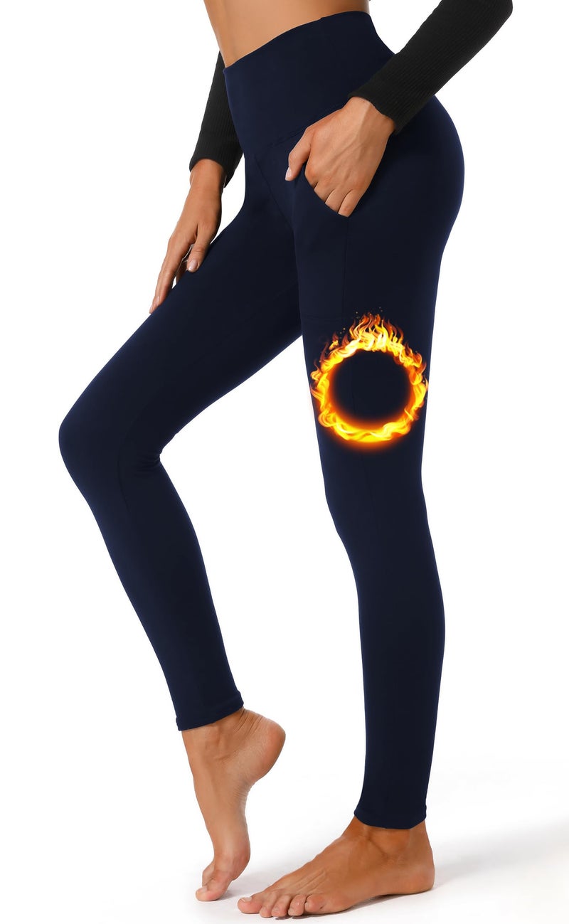 FULLSOFT Fleece Lined Leggings Women with Pockets Tummy Control High Waisted Workout Winter Warm Soft Yoga Pants(Navy Blue(with Pockets),Large-X-Large) - Image 1