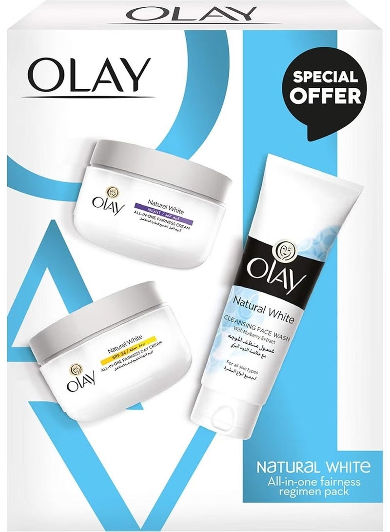 Olay Natural White Beauty Set – Face Wash (100g) + Day Cream SPF 24 (50g) + Night Cream (50g) - Image 1