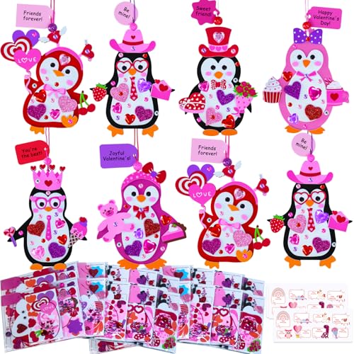Winlyn 24 Sets Valentines Day Penguin Ornaments Decorations DIY Valentine Craft Kits Assorted Penguin Shaped with Heart Valentine Stickers for Kids Valentine Classroom Activities Gift Exchange - Image 1