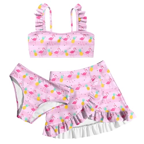 ALISISTER Girls Swimsuit Size 7-8 Bathing Suits Flamingo 3 Piece Little Hawaiian Pineapple Bikini Sets with Cover Up Skirt Summer Beach Swimwear 7 Year Old - Image 1