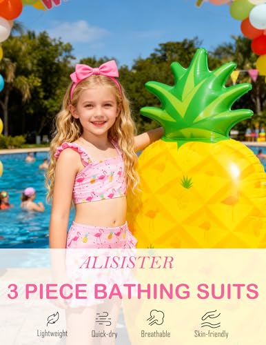 ALISISTER Girls Swimsuit Size 7-8 Bathing Suits Flamingo 3 Piece Little Hawaiian Pineapple Bikini Sets with Cover Up Skirt Summer Beach Swimwear 7 Year Old - Image 2