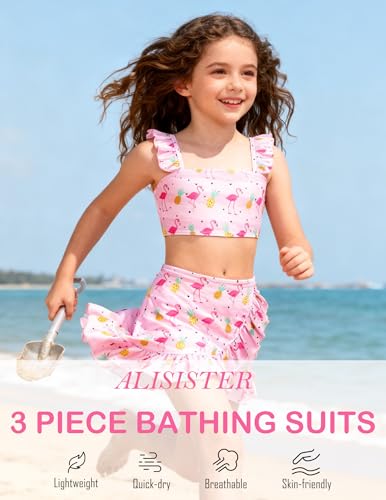 ALISISTER Girls Swimsuit Size 7-8 Bathing Suits Flamingo 3 Piece Little Hawaiian Pineapple Bikini Sets with Cover Up Skirt Summer Beach Swimwear 7 Year Old - Image 4