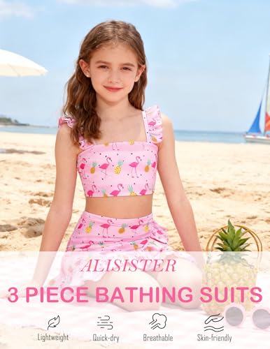 ALISISTER Girls Swimsuit Size 7-8 Bathing Suits Flamingo 3 Piece Little Hawaiian Pineapple Bikini Sets with Cover Up Skirt Summer Beach Swimwear 7 Year Old - Image 5