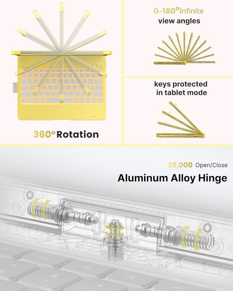 typecase Non-Trackpad Keyboard Case for iPad 11th Gen (A16, 2025) & iPad 10th Gen with 11-Color Backlight, 360° Rotatable, 7 Use Modes, Bluetooth Keyboard, Pencil Holder-Yellow (Not for Air11/Pro11) - Image 5