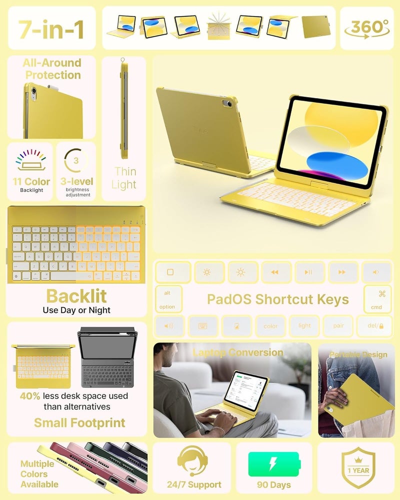 typecase Non-Trackpad Keyboard Case for iPad 11th Gen (A16, 2025) & iPad 10th Gen with 11-Color Backlight, 360° Rotatable, 7 Use Modes, Bluetooth Keyboard, Pencil Holder-Yellow (Not for Air11/Pro11) - Image 3