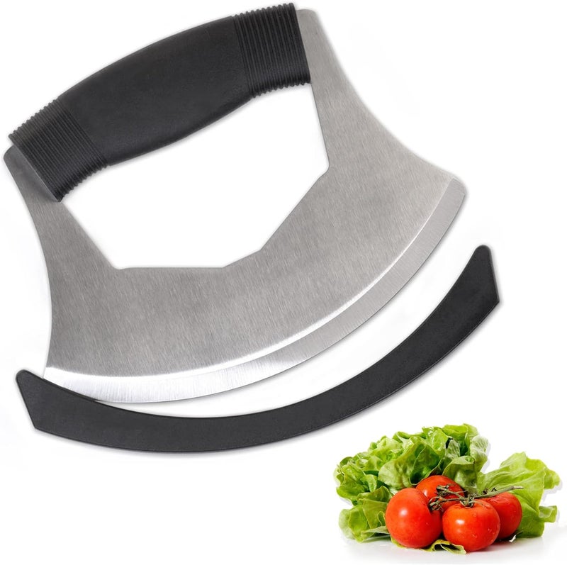 XoYoZo Salad Chopper Mezzaluna Knife with Protective Cover and Anti-Slip Handle Stainless Steel Chopper Vegetable Cutter Onion Chopper Mincing Knife Pizza Cutter - Image 1