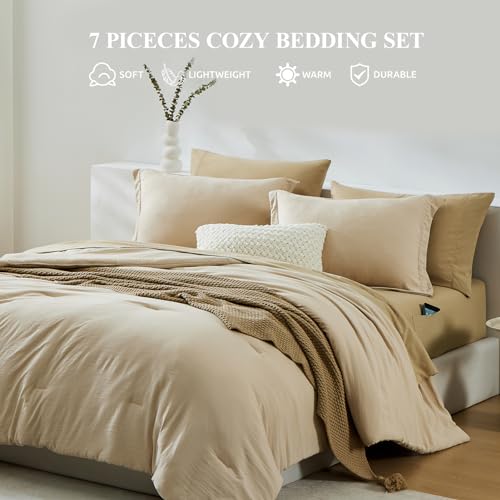 WRENSONGE Queen Size Comforter Set- 7 Pieces Beige Bed in a Bag Queen with Fitted Sheet, Flat Sheet, 2 Pillow Shams, and 2 Pillowcases- Warm Bed Set for All Season - Image 2