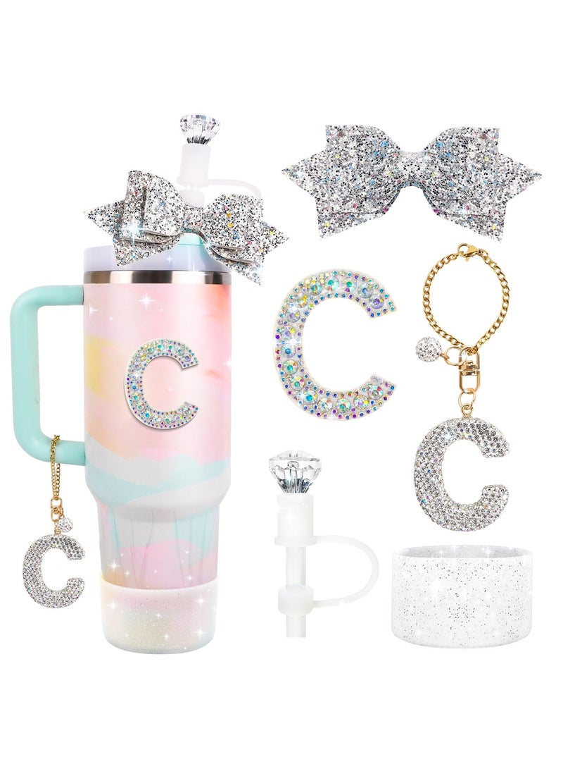 CMGTYYD Water Bottle Accessories Set for Stanley Cup 30&40Oz, Letter Charms, Diamond Straw Topper, Glitter Silicone Boot & Sticker, Bow Straw Cover - Image 1