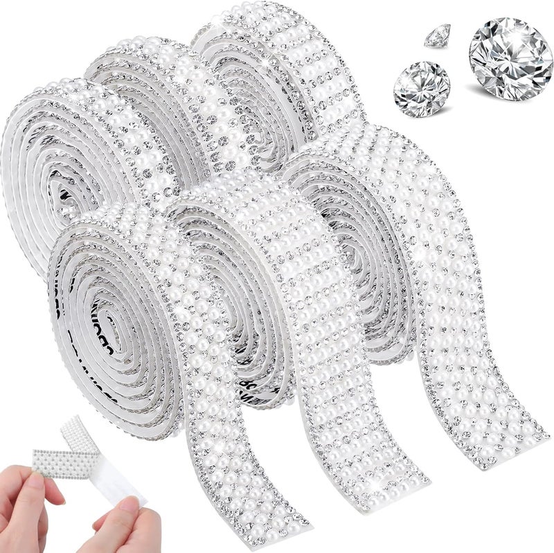 Jexine 6 Rolls Pearl Diamond Ribbon Self Adhesive Rhinestone 528 Yards Bling Rhinestone Strand Crystal Ribbon Sticker White Pearl Trim Roll for Wedding Crafts Car Phone Xmas Decoration Silver - Image 1