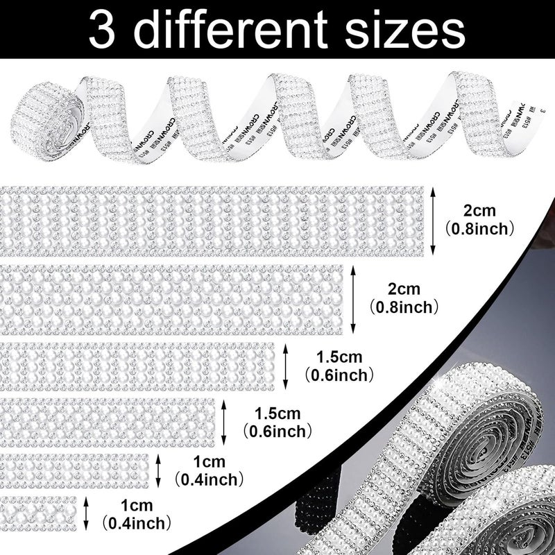 Jexine 6 Rolls Pearl Diamond Ribbon Self Adhesive Rhinestone 528 Yards Bling Rhinestone Strand Crystal Ribbon Sticker White Pearl Trim Roll for Wedding Crafts Car Phone Xmas Decoration Silver - Image 3
