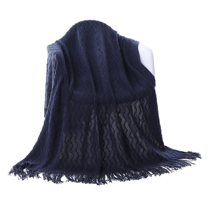 Nordic INS Style Solid Knit Throw Tassel Shawl Blanket Navy 