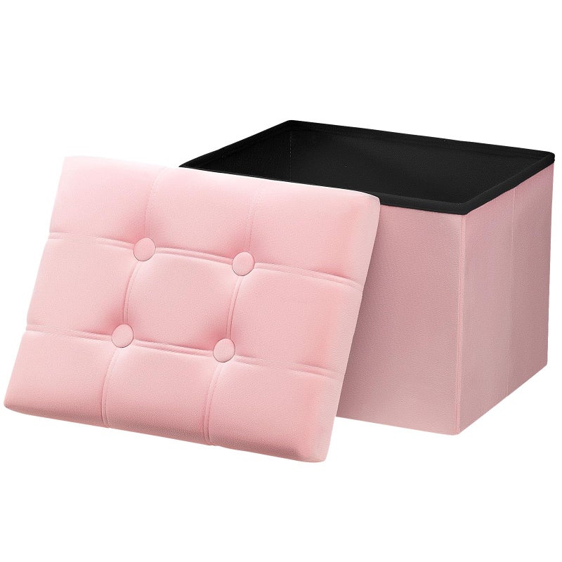 AmasSmile Storage Ottoman Foot Rest Stool 17 inches Velvet Footstool Bench Short Ottoman Stool Small Folding Blanket Ottomans Store Books Records Pink