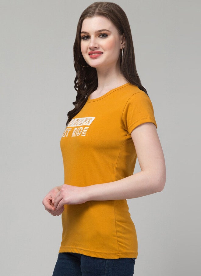 TREND LEVEL Mustard Yellow Typography Printed Cotton T-shirt for Women - Image 3