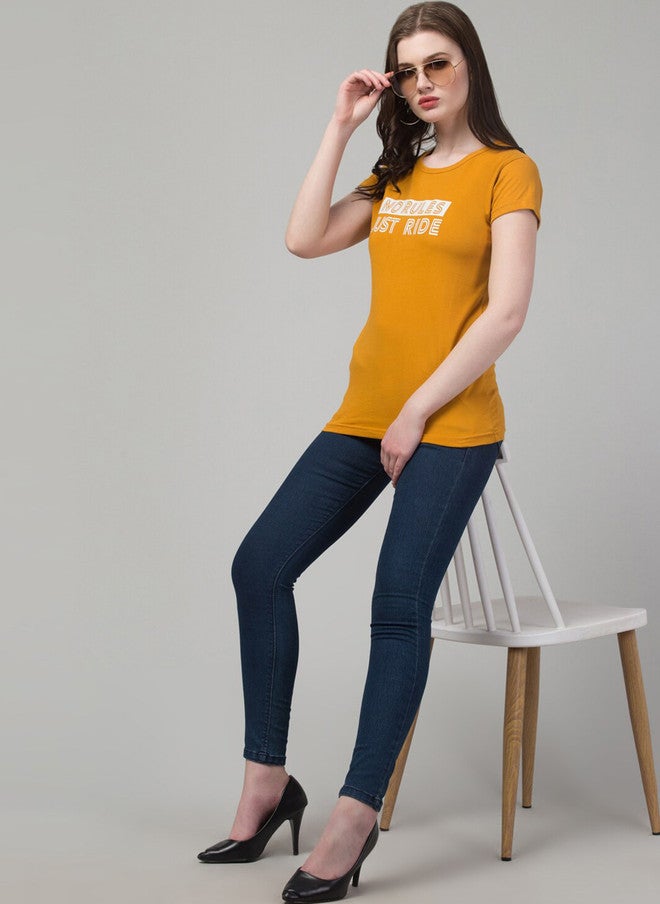 TREND LEVEL Mustard Yellow Typography Printed Cotton T-shirt for Women - Image 5