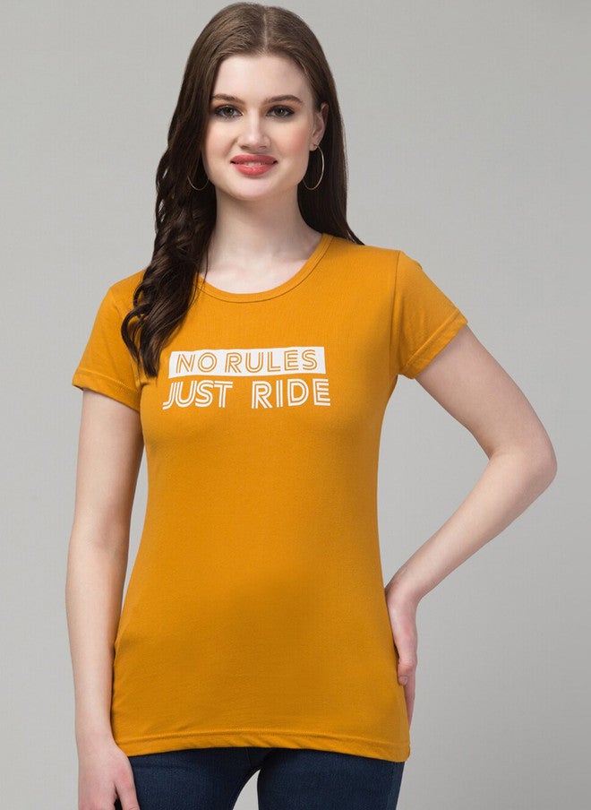 TREND LEVEL Mustard Yellow Typography Printed Cotton T-shirt for Women - Image 1