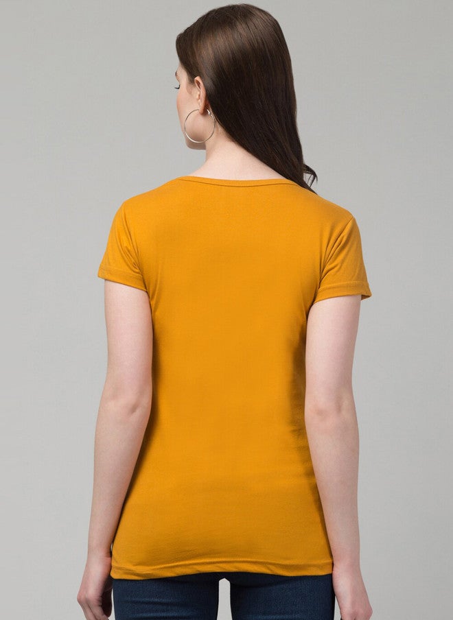 TREND LEVEL Mustard Yellow Typography Printed Cotton T-shirt for Women - Image 4
