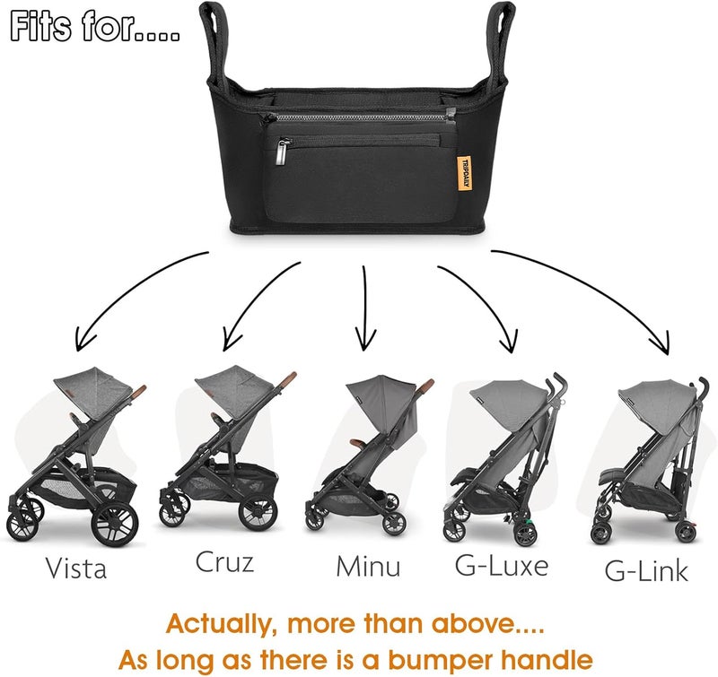 Boffinby حقيبة تنظيم الأبوين لحامل الأطفال تناسب عربة Uppababy Vista Cruz Minu مع حامل أكواب جيب بسحاب و جيوب متعددة وأحزمة قابلة للتعديل سهلة الحمل - Image 4