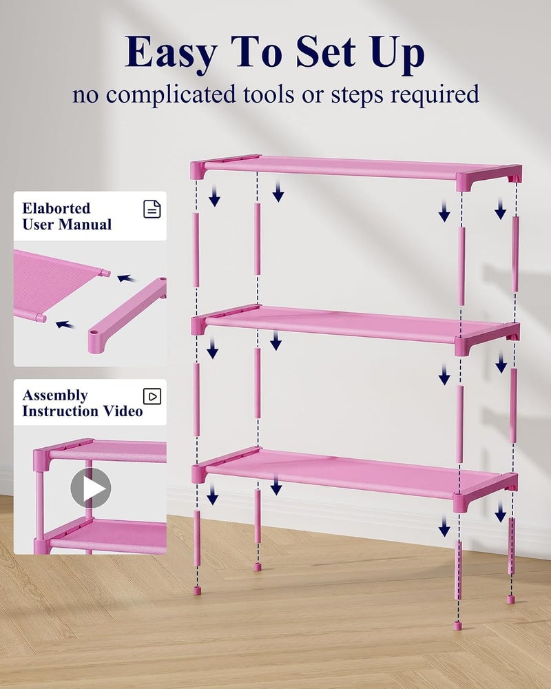 Kitsure Shoe Rack - Non-Woven Shoe Rack Shelf, Shoe Organizer for Closet, Entryway, Garage & Corridor, Stackable Shoe Shelves, 27.5" Wide - 3 Tier, Pink - Image 2