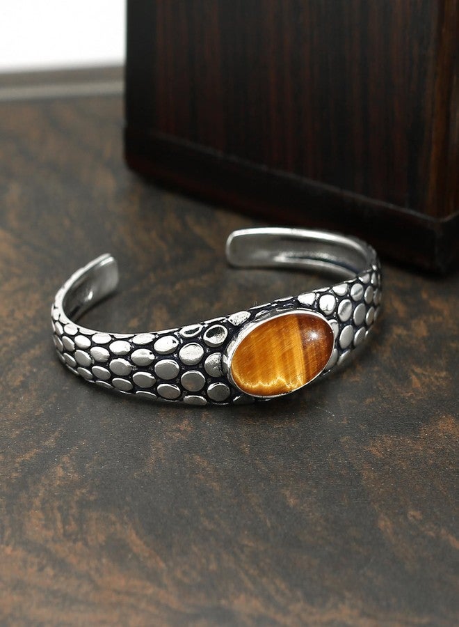 Sterling Silver Jewelry Natural Tiger Eye Cuff Bangle Bracelet for Men Women - Handmade 925 Silver Plated Adjustable Bohemian Jewelry - Brown Gemstone June Birthstone Statement Bangle - Elegant Gift for Him Her - Image 4