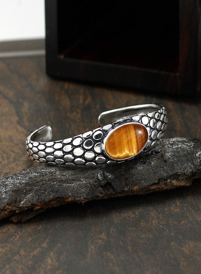Sterling Silver Jewelry Natural Tiger Eye Cuff Bangle Bracelet for Men Women - Handmade 925 Silver Plated Adjustable Bohemian Jewelry - Brown Gemstone June Birthstone Statement Bangle - Elegant Gift for Him Her - Image 5