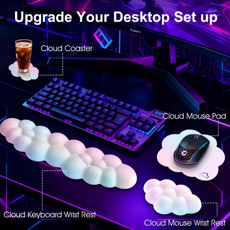 Sushret Cloud Wrist Rest for Computer Keyboard, 4-in-1 Memory Foam Leather Cloud Keyboard Wrist Rest and Mouse Pad Set with Ergonomic Support for Arm and Palm Cushion, Gaming/Work Setup, Rainbow - Image 2
