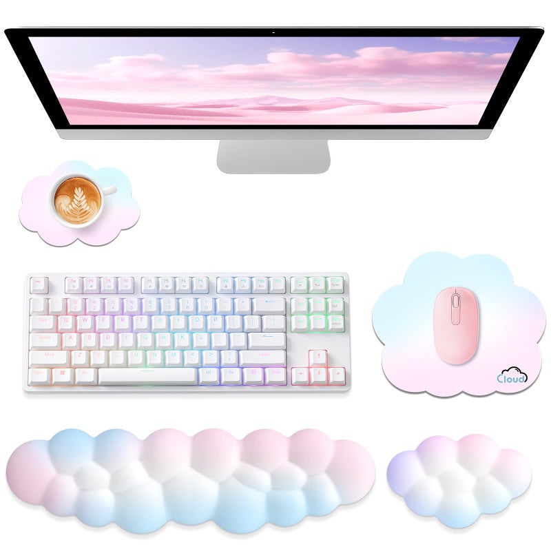 Sushret Cloud Wrist Rest for Computer Keyboard, 4-in-1 Memory Foam Leather Cloud Keyboard Wrist Rest and Mouse Pad Set with Ergonomic Support for Arm and Palm Cushion, Gaming/Work Setup, Rainbow - Image 1