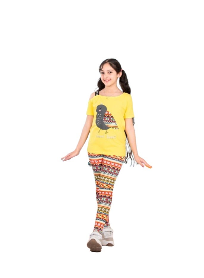 Girls' set, yellow T-shirt with a drawing on it and colorful pants  - Image 1