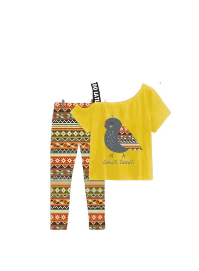 Girls' set, yellow T-shirt with a drawing on it and colorful pants  - Image 2