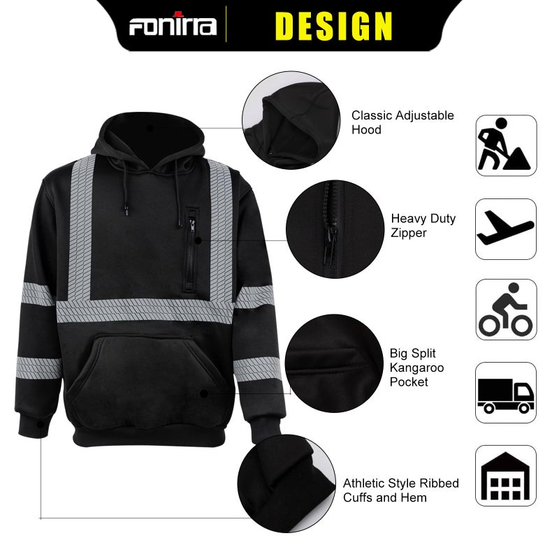 FONIRRA High Visibility Safety Fleece Hoodie for Men Reflective Sweatshirt ANSI Class 3 with Black Bottom(Black,XL) - Image 3