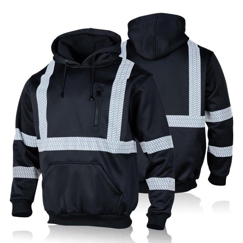 FONIRRA High Visibility Safety Fleece Hoodie for Men Reflective Sweatshirt ANSI Class 3 with Black Bottom(Black,XL) - Image 1
