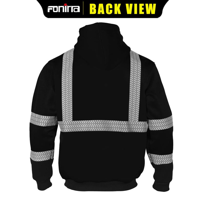 FONIRRA High Visibility Safety Fleece Hoodie for Men Reflective Sweatshirt ANSI Class 3 with Black Bottom(Black,XL) - Image 2