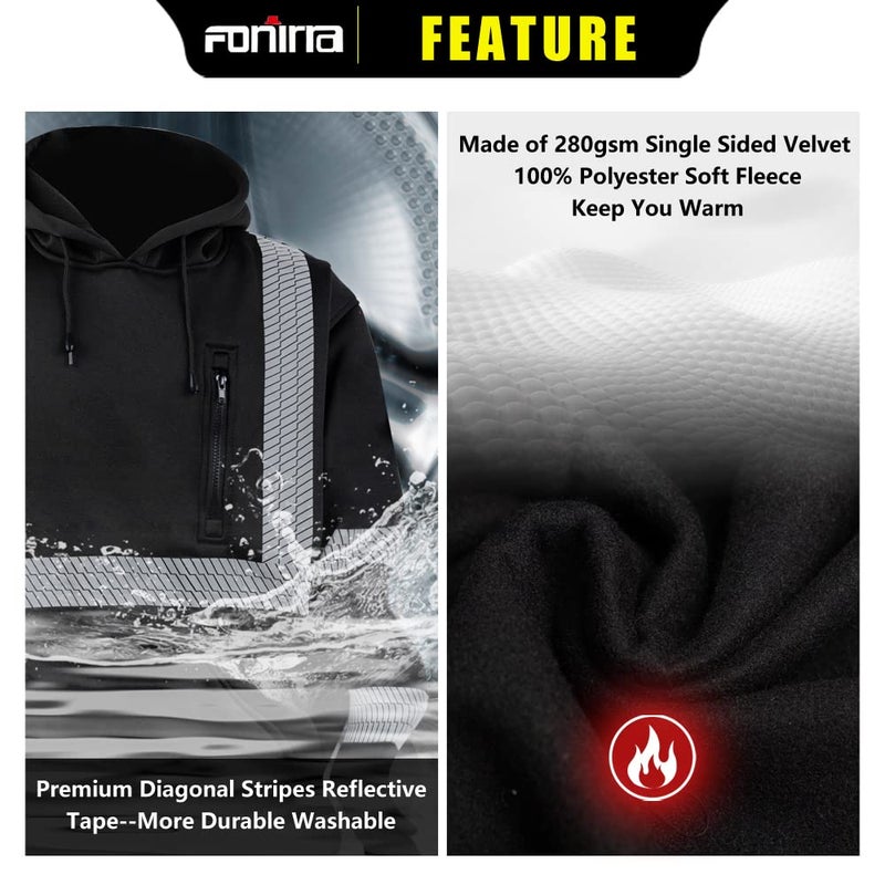 FONIRRA High Visibility Safety Fleece Hoodie for Men Reflective Sweatshirt ANSI Class 3 with Black Bottom(Black,XL) - Image 5