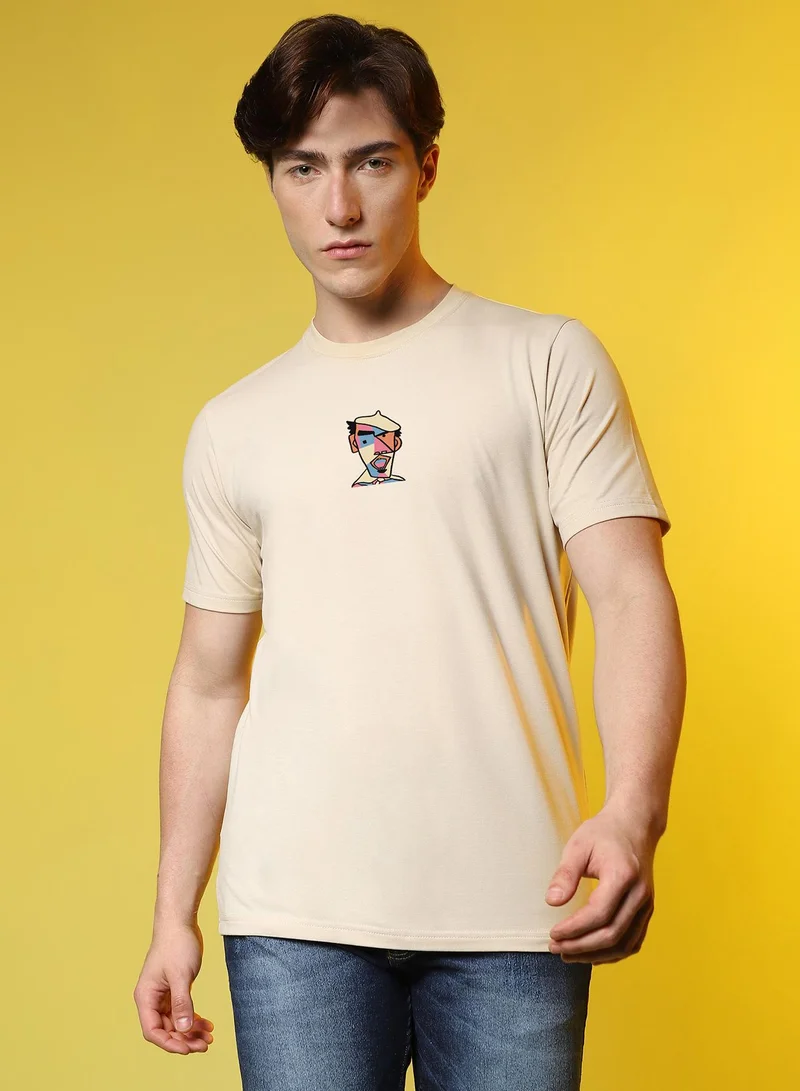 Campus Sutra Campus Sutra Men's Pale Yellow Printed Oversized Basic T-Shirt