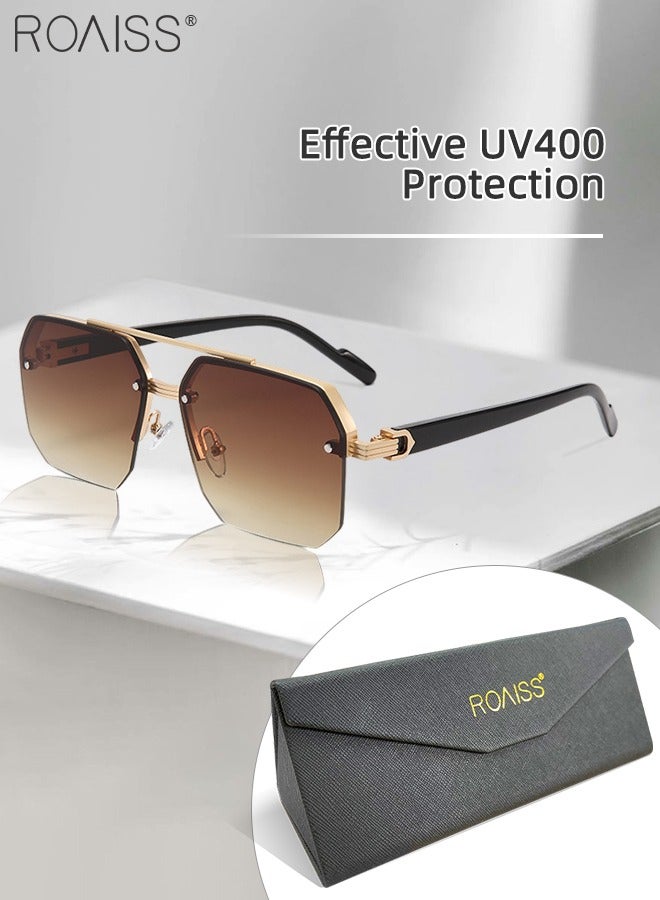 roaiss Square Semi-Rimless Sunglasses for Men Women, UV400 Protection Trendy Anti-Glare Classic Sun Shades with Glasses Case for Shopping Party Travel 60mm, with Gradient Brown Lens - Image 1