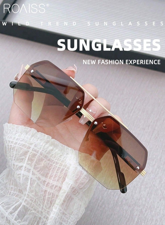 roaiss Square Semi-Rimless Sunglasses for Men Women, UV400 Protection Trendy Anti-Glare Classic Sun Shades with Glasses Case for Shopping Party Travel 60mm, with Gradient Brown Lens - Image 3