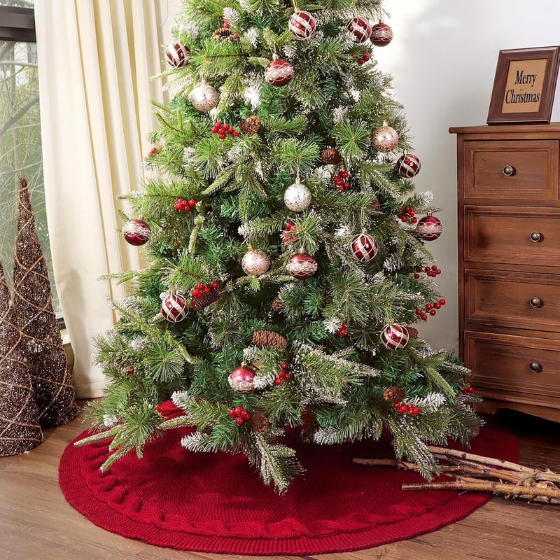 LimBridge 48 Inch Christmas Tree Skirt: Cable Knit Tree Skirt for 7.5FT Tree, Wine Red Tree Skirt, Vintage Tree Skirts, Rustic Farmhouse Christmas Decorations - Image 4