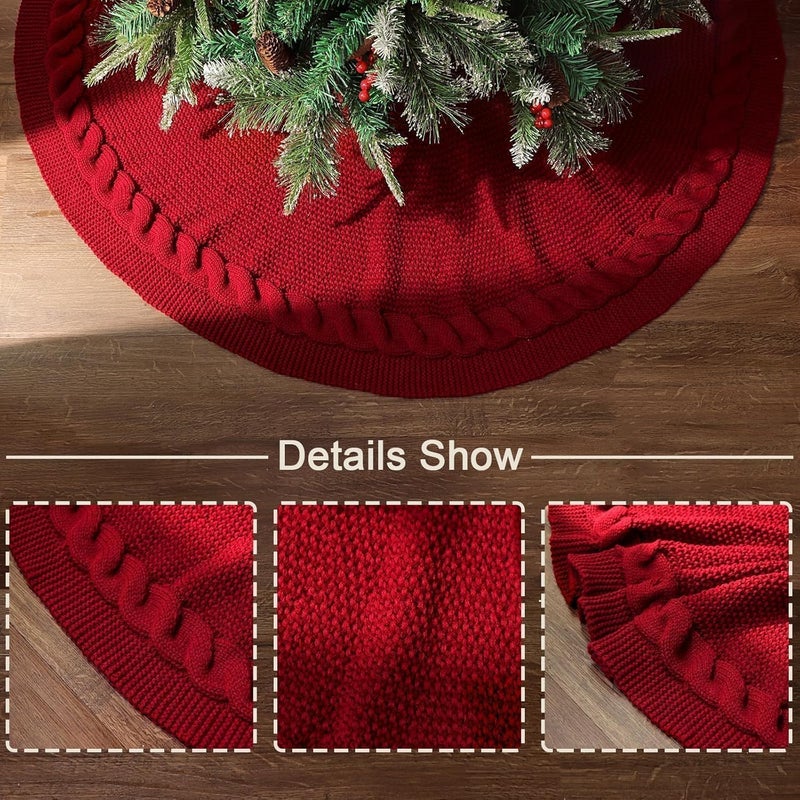 LimBridge 48 Inch Christmas Tree Skirt: Cable Knit Tree Skirt for 7.5FT Tree, Wine Red Tree Skirt, Vintage Tree Skirts, Rustic Farmhouse Christmas Decorations - Image 2