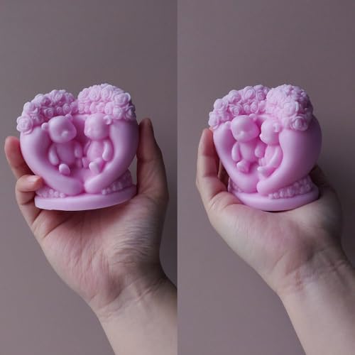 Japleed Flower Couple Bear Candle Molds, 3D Valentine's Day Silicone Molds Animal Epoxy Resin Concrete Gypsum Candle Soap Wax Mold, Unique Love Chocolate Cake Fondant Mold (Heart Rose Bear) - Image 4
