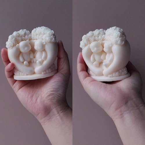 Japleed Flower Couple Bear Candle Molds, 3D Valentine's Day Silicone Molds Animal Epoxy Resin Concrete Gypsum Candle Soap Wax Mold, Unique Love Chocolate Cake Fondant Mold (Heart Rose Bear) - Image 5