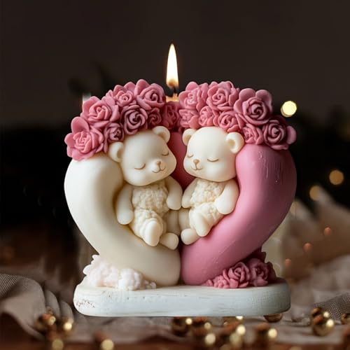 Japleed Flower Couple Bear Candle Molds, 3D Valentine's Day Silicone Molds Animal Epoxy Resin Concrete Gypsum Candle Soap Wax Mold, Unique Love Chocolate Cake Fondant Mold (Heart Rose Bear) - Image 2