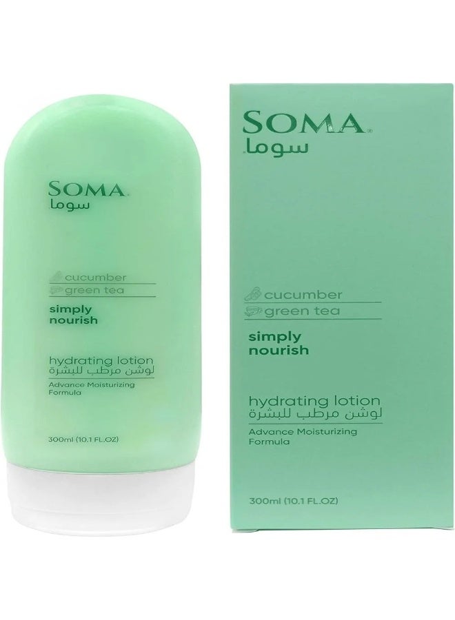Soma body lotion features a refreshing cucumber and green tea scent.