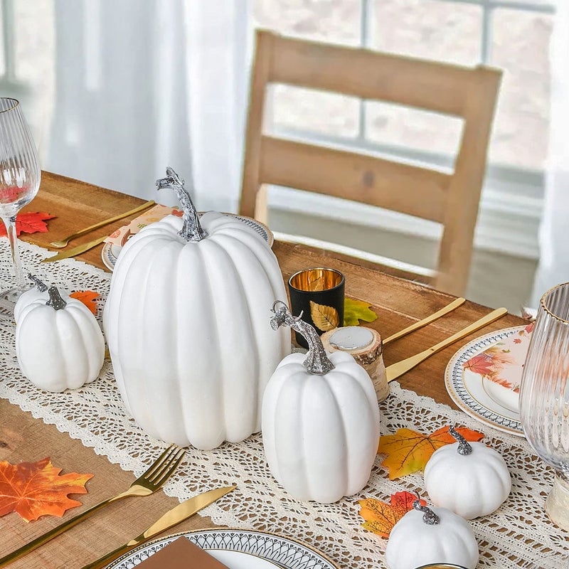 Lvydec Lvydec Artificial Pumpkins Set Harvest Decoration  7pc Assorted Size White Pumpkins Craft Pumpkins for Halloween Thanksgiving Autumn Festive Party Supplies (White)  - Image 3
